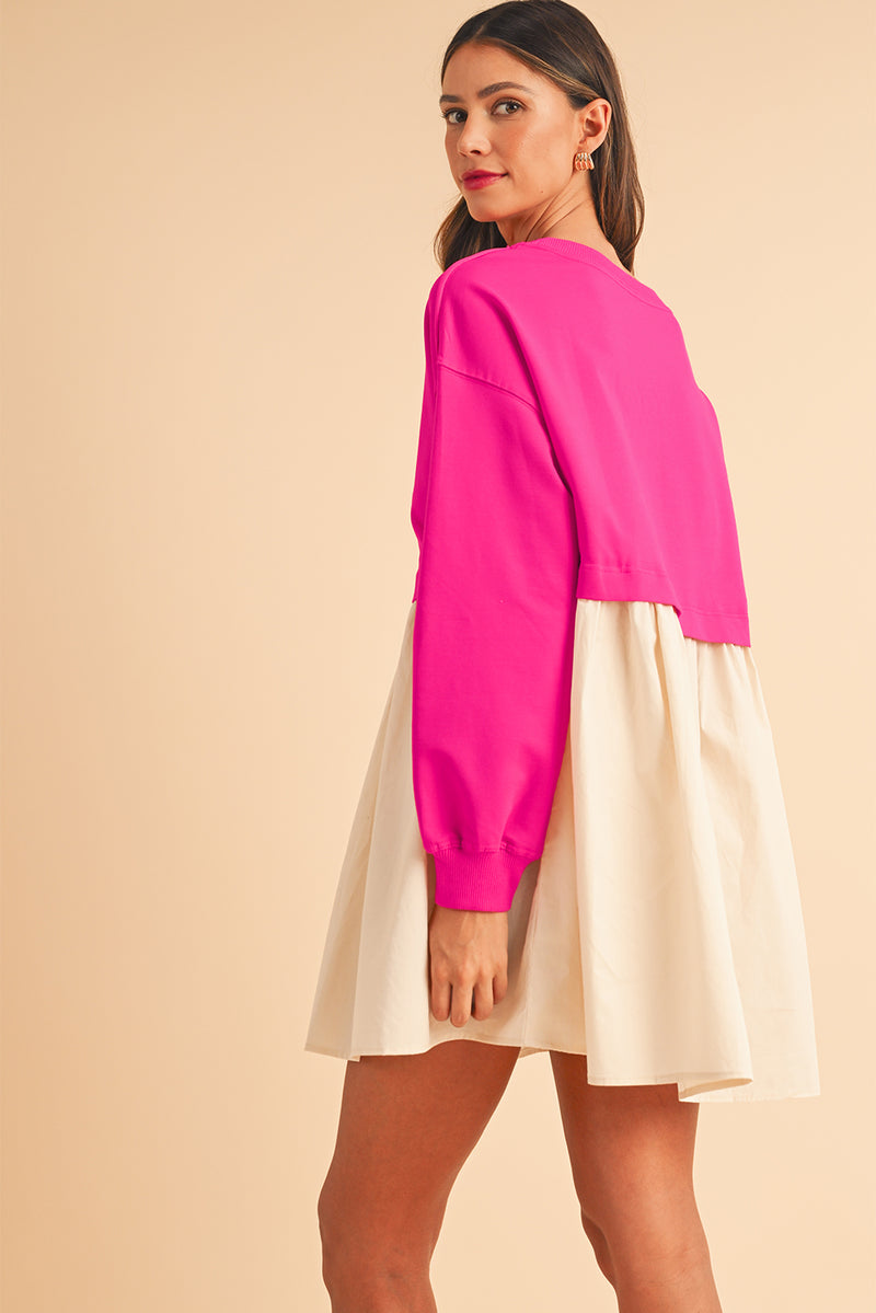 Khaki Sweatshirt Colorblock Flowy Pleated Mini Dress