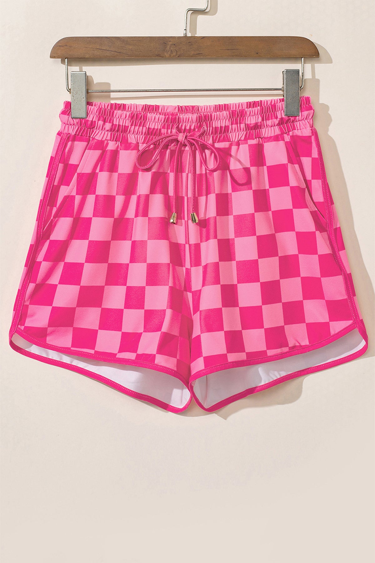 Rose Checkered Drawstring Elastic Waist Casual Shorts
