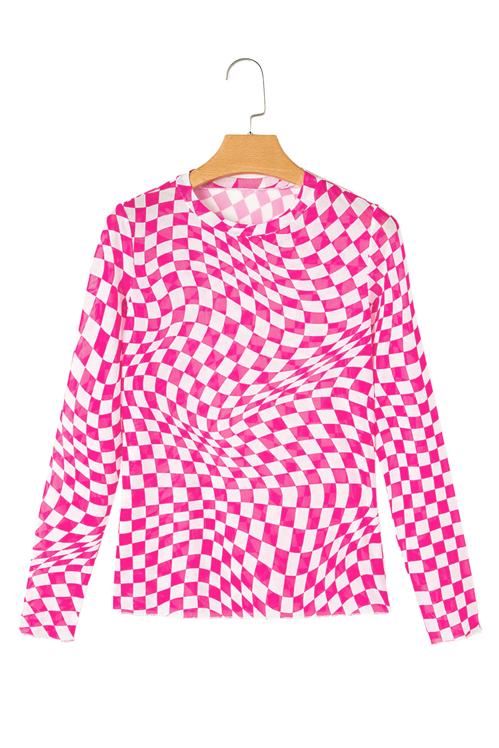 Black Checkered Pattern Mesh Long Sleeve Top