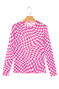 Black Checkered Pattern Mesh Long Sleeve Top