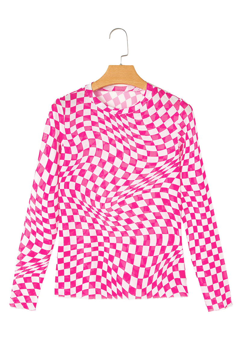 Black Checkered Pattern Mesh Long Sleeve Top