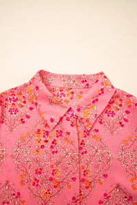 Rose Red Floral Print Wide Short Sleeve Loose Shirt