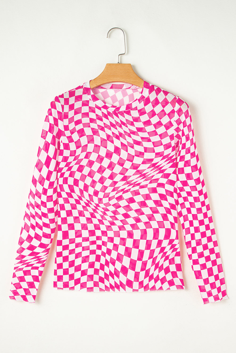 Black Checkered Pattern Mesh Long Sleeve Top