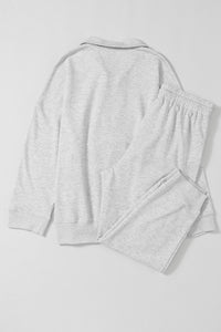 Gray Solid Color Half Zipped Top and Drawstring Pants Loungewear Set