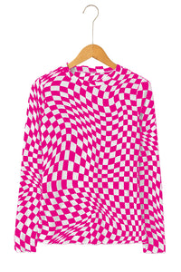 Black Checkered Pattern Mesh Long Sleeve Top