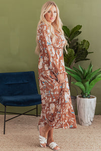 Brown Floral Print Shirred Square Neck High Waist Maxi Dress