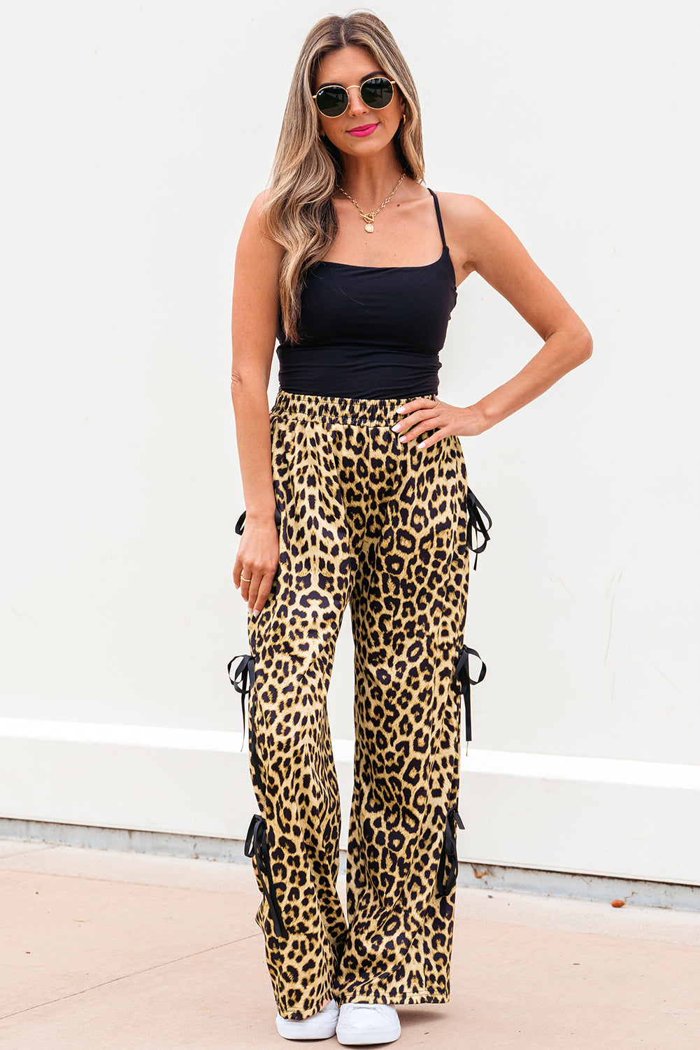 Brown Leopard Print Bow Tie Drawstring Elastic Waist Loose High Waist Pants