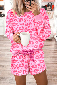 Gray Leopard Long Sleeve Top & Tie Shorts Two Piece Set