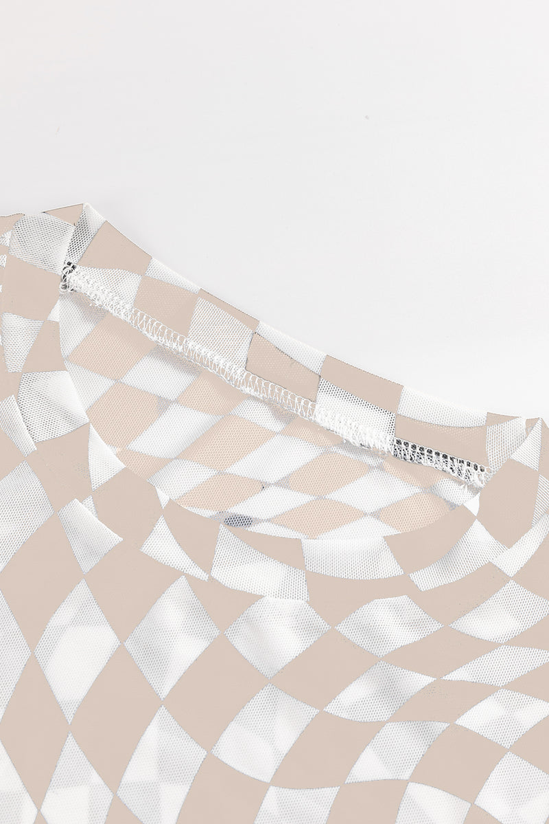 Black Checkered Pattern Mesh Long Sleeve Top