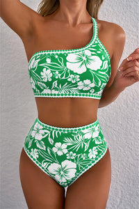 Green Floral Print One Shoulder High Waist Bikini Set