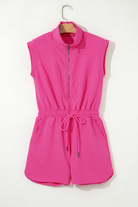 Rose Red Textured Short Sleeve Half Zip Drawstring Waist Romper