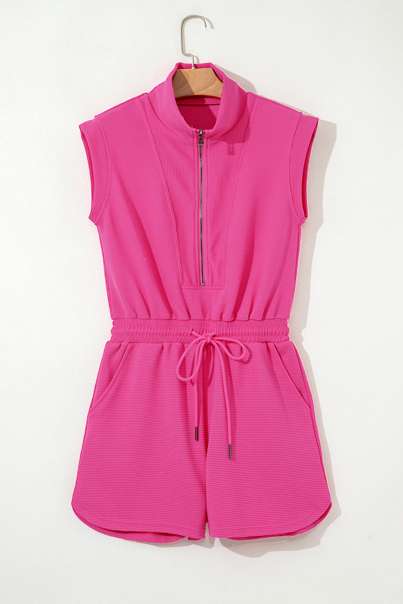 Rose Red Textured Short Sleeve Half Zip Drawstring Waist Romper