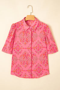 Rose Red Floral Print Wide Short Sleeve Loose Shirt
