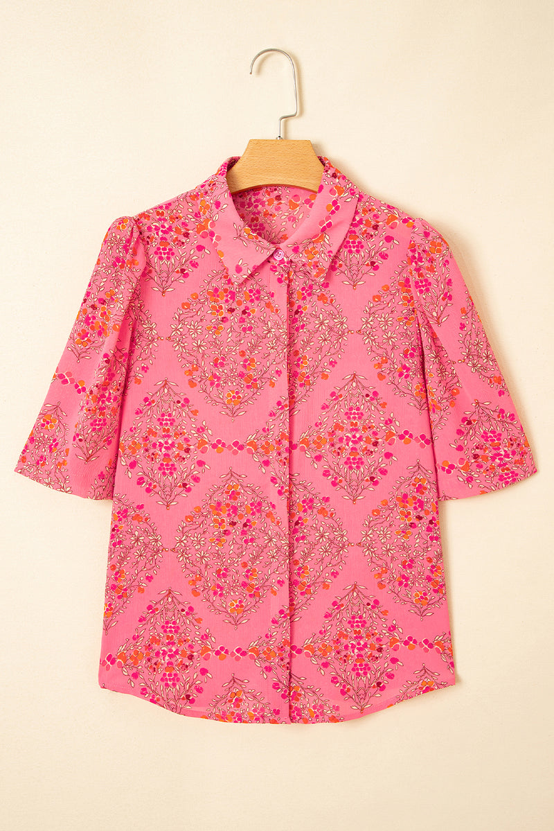 Rose Red Floral Print Wide Short Sleeve Loose Shirt