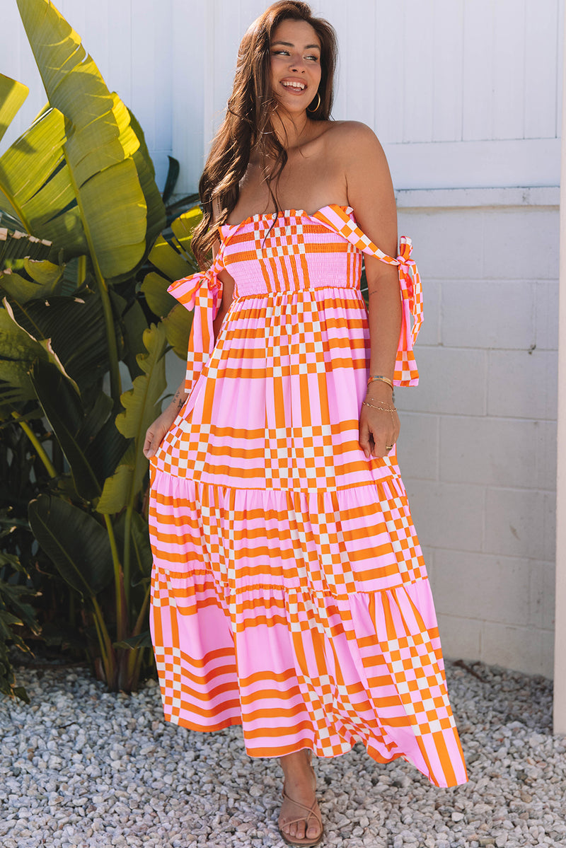 Pink Boho Gingham Tied Straps Smocked Maxi Dress