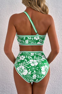Green Floral Print One Shoulder High Waist Bikini Set