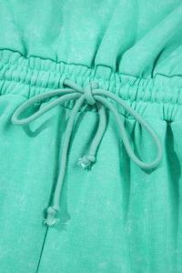 Sea Green Mineral Wash Drawstring Waist Hollow Out Back Short Sleeve Romper