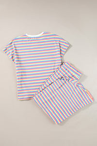 Pink Stripe Rainbow Tee Tasseled String Wide Leg Pants Set