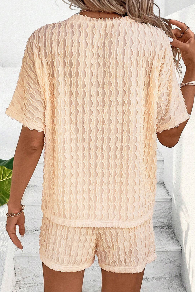 Black Frill Textured Tee and Drawstring Shorts Set