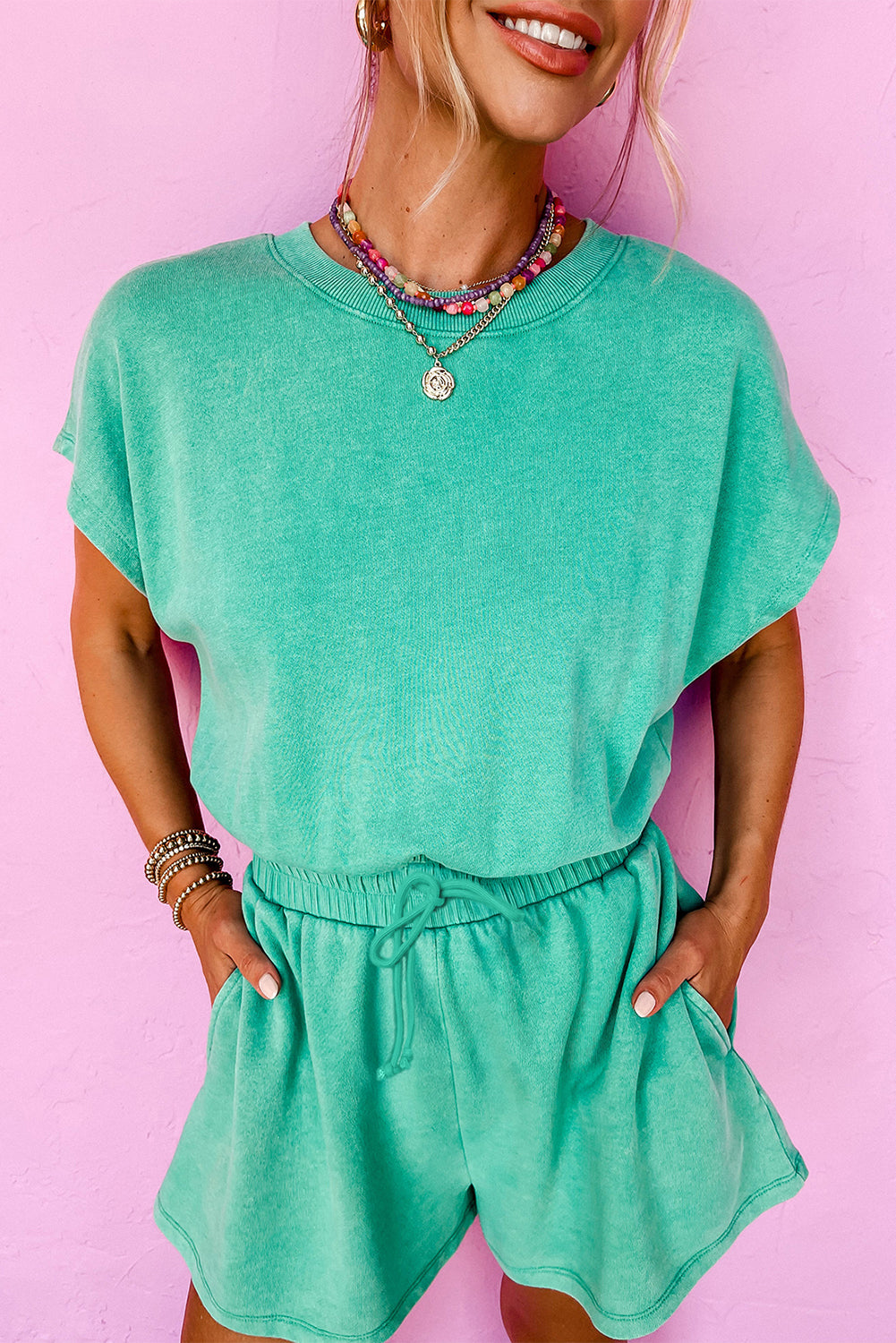 Sea Green Mineral Wash Drawstring Waist Hollow Out Back Short Sleeve Romper