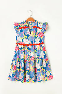 Sky Blue Floral Printed V Notched Ric Rac Flutter Sleeve Dress