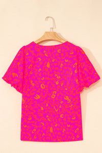 Rose Leopard Printed Puff Sleeve Top