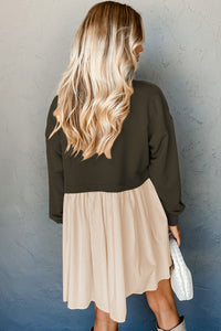 Khaki Sweatshirt Colorblock Flowy Pleated Mini Dress