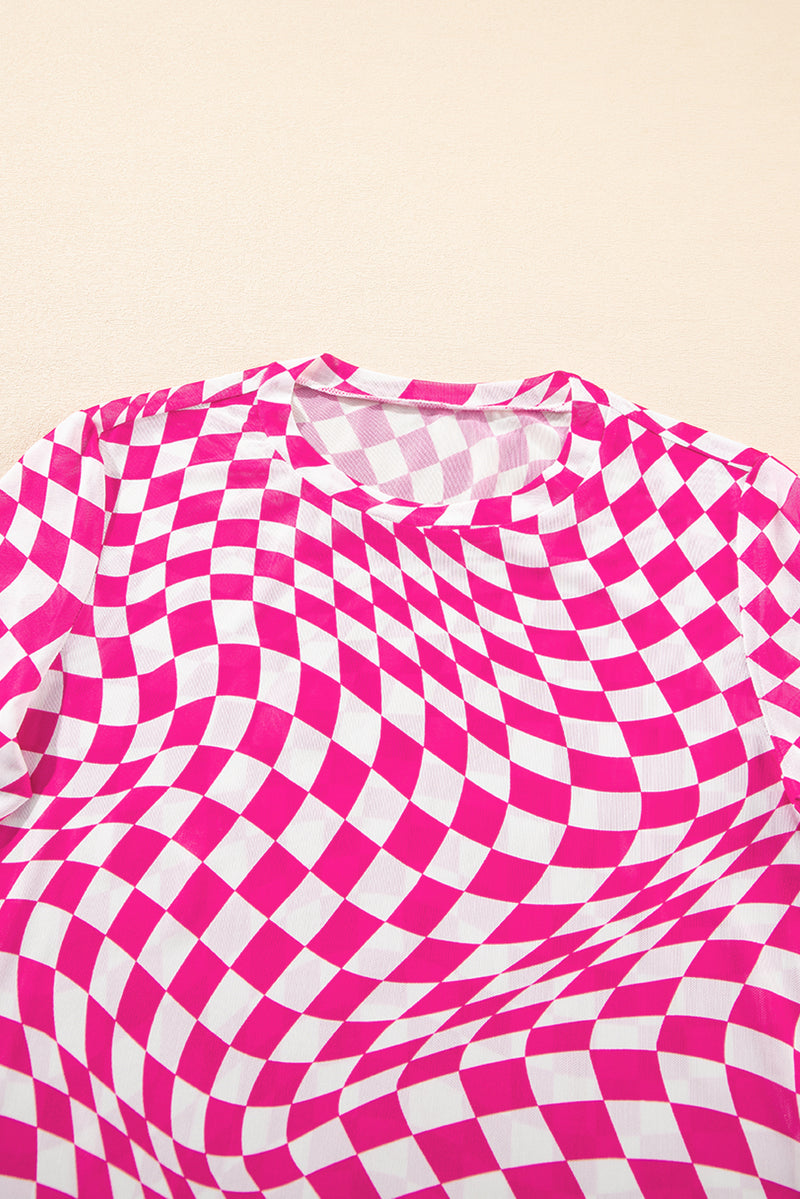 Black Checkered Pattern Mesh Long Sleeve Top