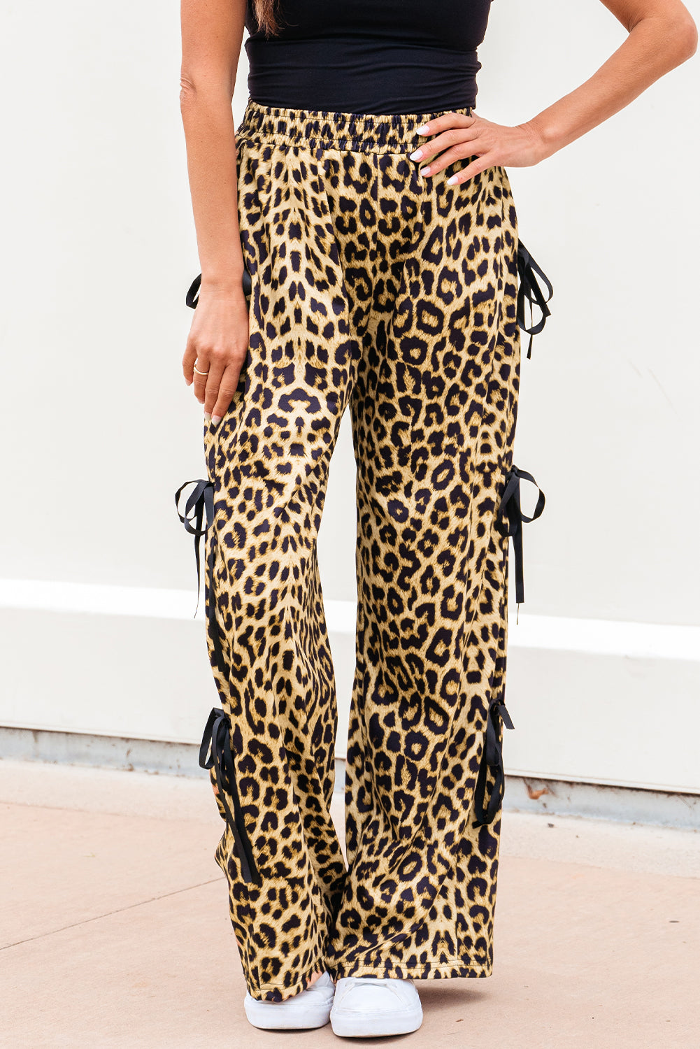 Brown Leopard Print Bow Tie Drawstring Elastic Waist Loose High Waist Pants