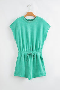 Sea Green Mineral Wash Drawstring Waist Hollow Out Back Short Sleeve Romper