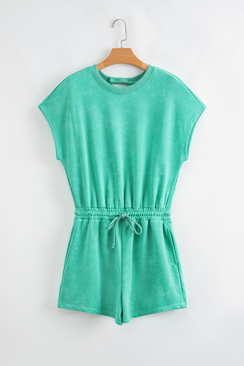 Sea Green Mineral Wash Drawstring Waist Hollow Out Back Short Sleeve Romper