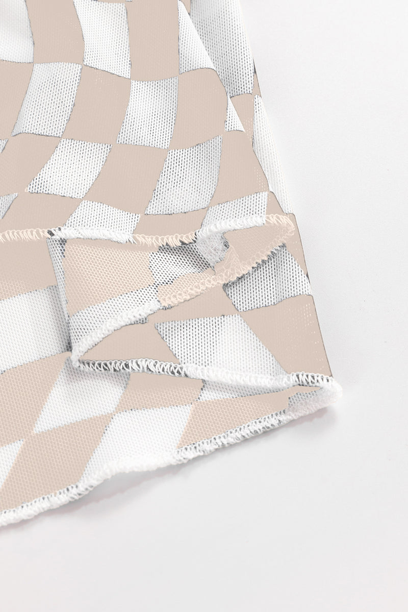 Black Checkered Pattern Mesh Long Sleeve Top