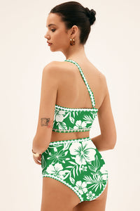 Green Floral Print One Shoulder High Waist Bikini Set