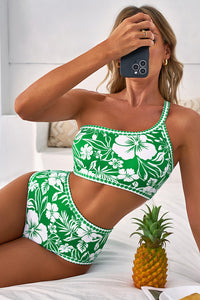 Green Floral Print One Shoulder High Waist Bikini Set