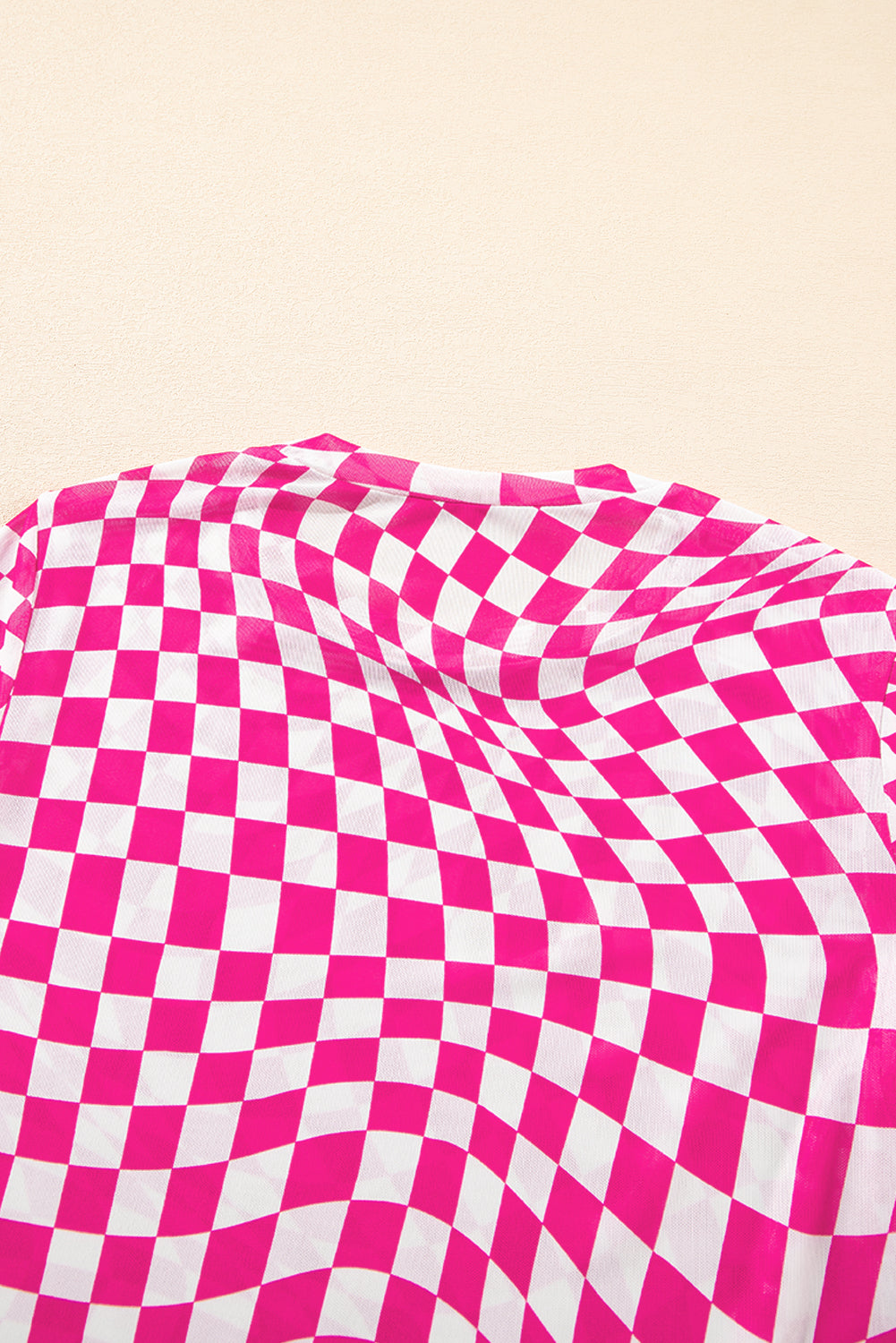 Black Checkered Pattern Mesh Long Sleeve Top