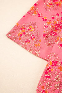 Rose Red Floral Print Wide Short Sleeve Loose Shirt