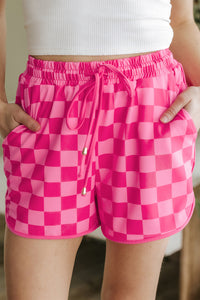 Rose Checkered Drawstring Elastic Waist Casual Shorts