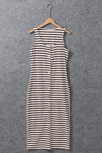 White Striped Print Sleeveless Buttoned Maxi Dress