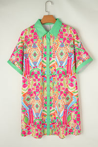 Orange Geometric Print Contrast Short Sleeve Shirt Dress