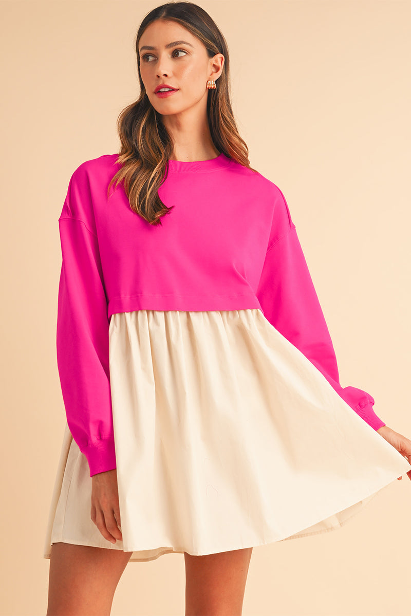 Khaki Sweatshirt Colorblock Flowy Pleated Mini Dress