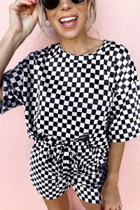 Black Checkered Top and Short Casual 2pcs Set