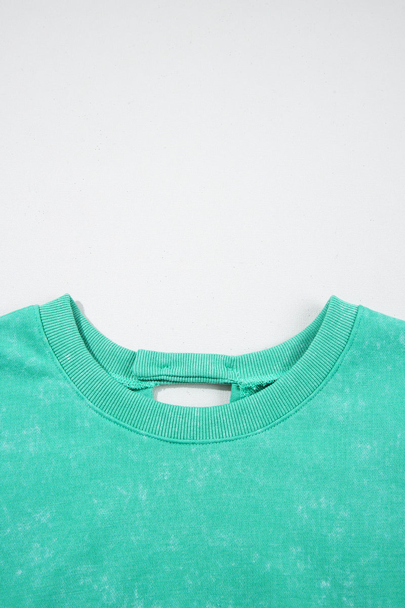 Sea Green Mineral Wash Drawstring Waist Hollow Out Back Short Sleeve Romper