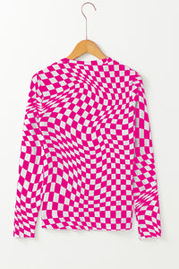 Black Checkered Pattern Mesh Long Sleeve Top