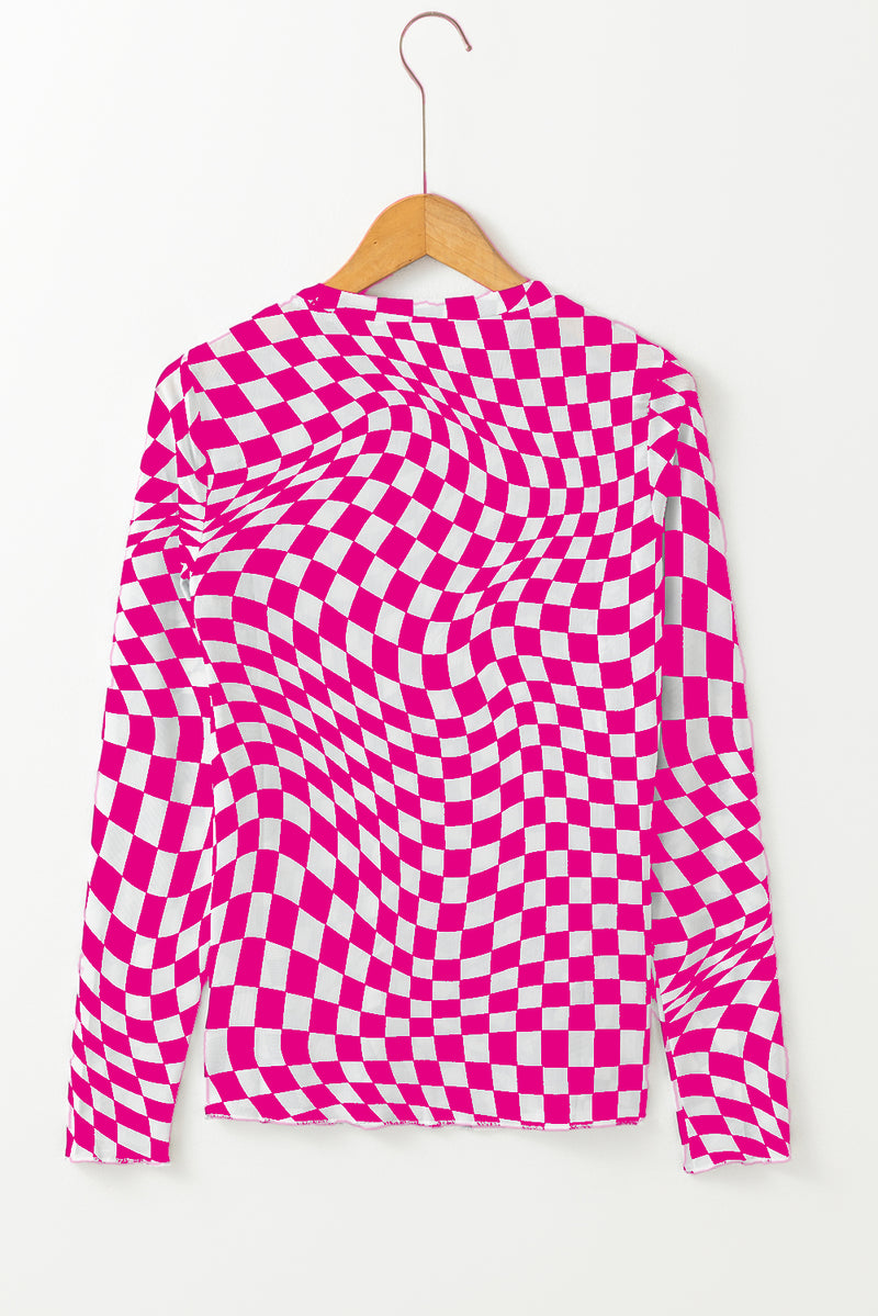 Black Checkered Pattern Mesh Long Sleeve Top
