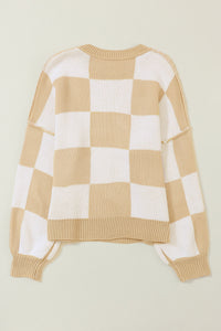 Khaki Plaid Bishop Sleeve Pullover Sweater