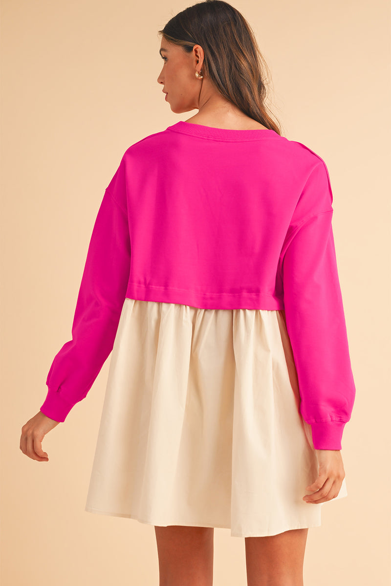 Khaki Sweatshirt Colorblock Flowy Pleated Mini Dress