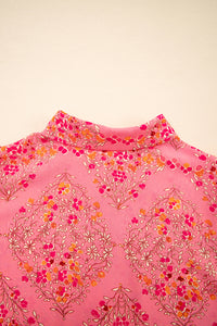 Rose Red Floral Print Wide Short Sleeve Loose Shirt