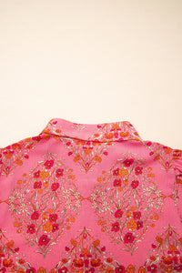 Rose Red Floral Print Wide Short Sleeve Loose Shirt