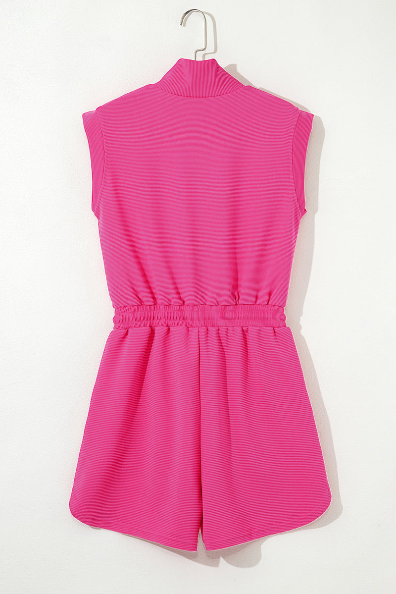 Rose Red Textured Short Sleeve Half Zip Drawstring Waist Romper