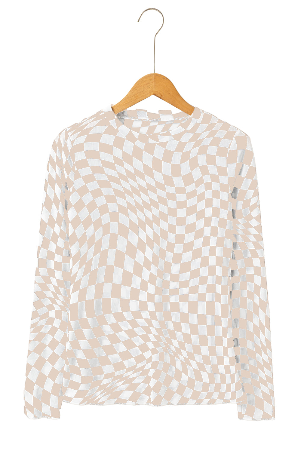 Black Checkered Pattern Mesh Long Sleeve Top